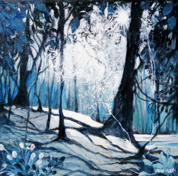 Jean Hall, Midhope Wood in Snow, Oil on Board, 36 x 36 cms, £480